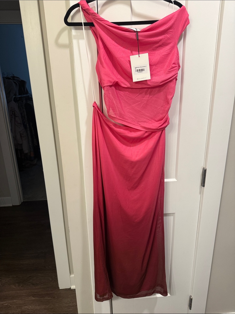 Hello Molly One-Shoulder Hot Pink Evening Gown with Gold Starfish Accent - Picture 5 of 7